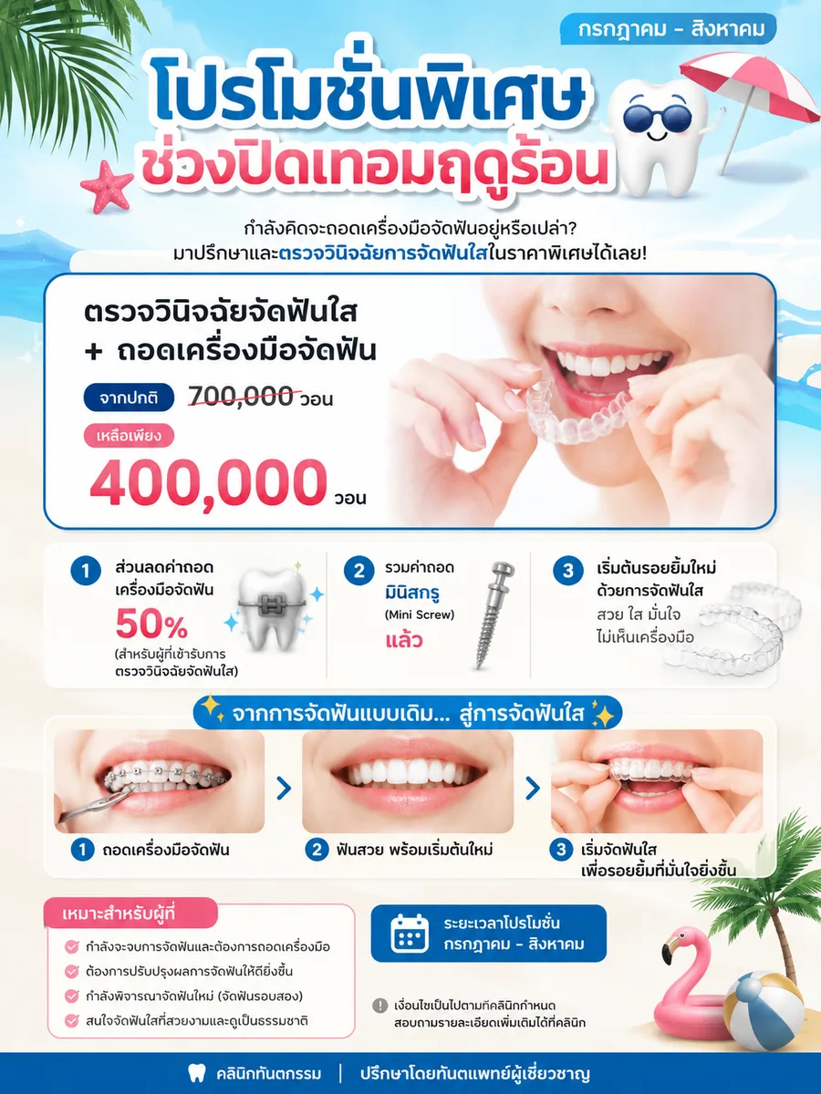 โปรโมชั่นช่วงปิดเทอม ตรวจวินิจฉัยจัดฟันใสพร้อมถอดเครื่องมือจัดฟัน จากปกติ 700,000 วอน เหลือ 400,000 วอน
